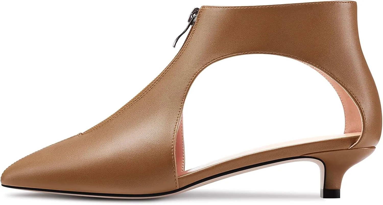 HDEUOLM Womens Low Kitten Heel Pointed Toe Pumps Slip-on Zipper Casual Cute 1.4 Inches Heels