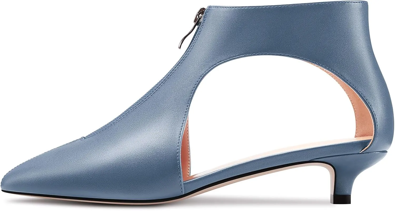 HDEUOLM Womens Low Kitten Heel Pointed Toe Pumps Slip-on Zipper Casual Cute 1.4 Inches Heels