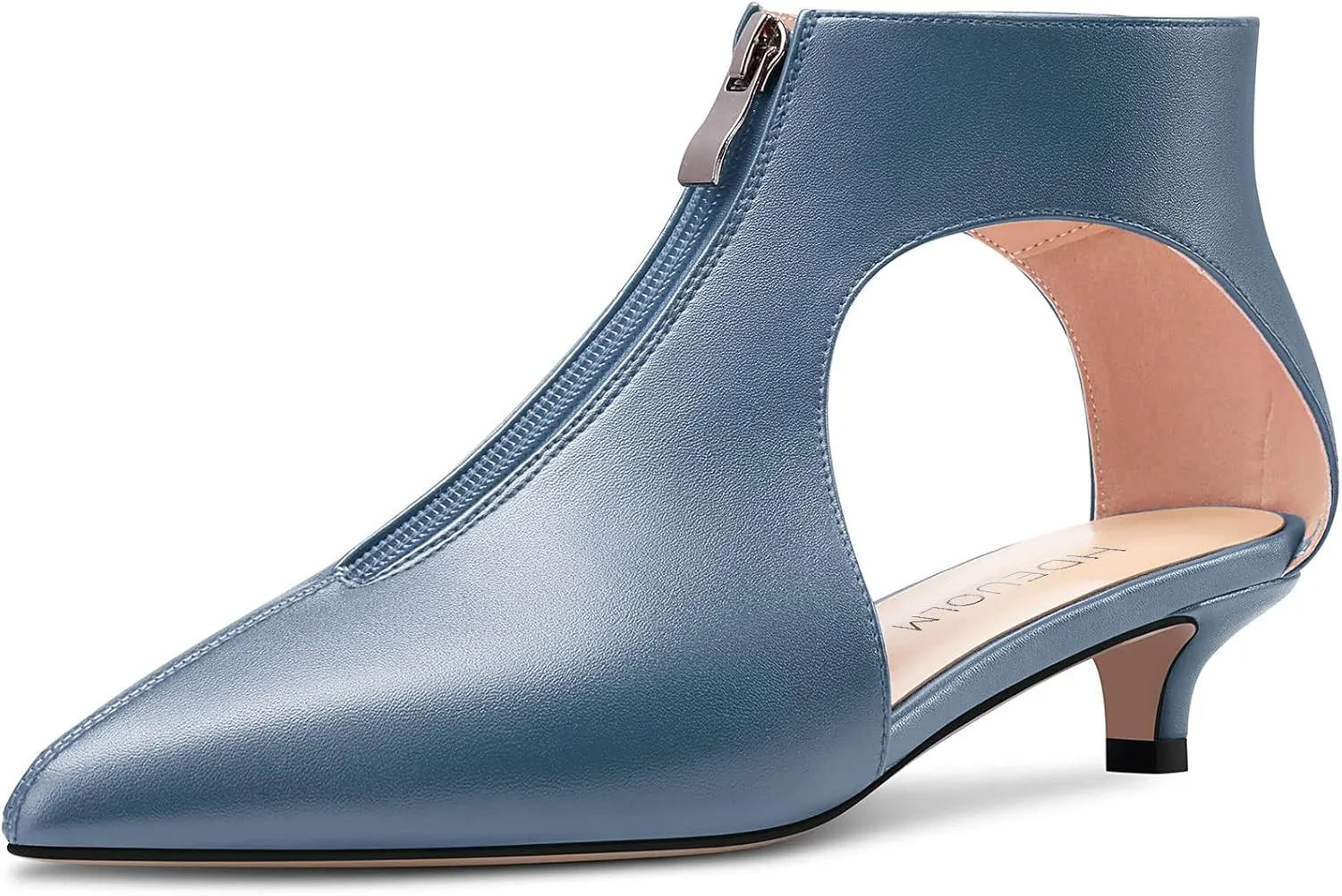 HDEUOLM Womens Low Kitten Heel Pointed Toe Pumps Slip-on Zipper Casual Cute 1.4 Inches Heels