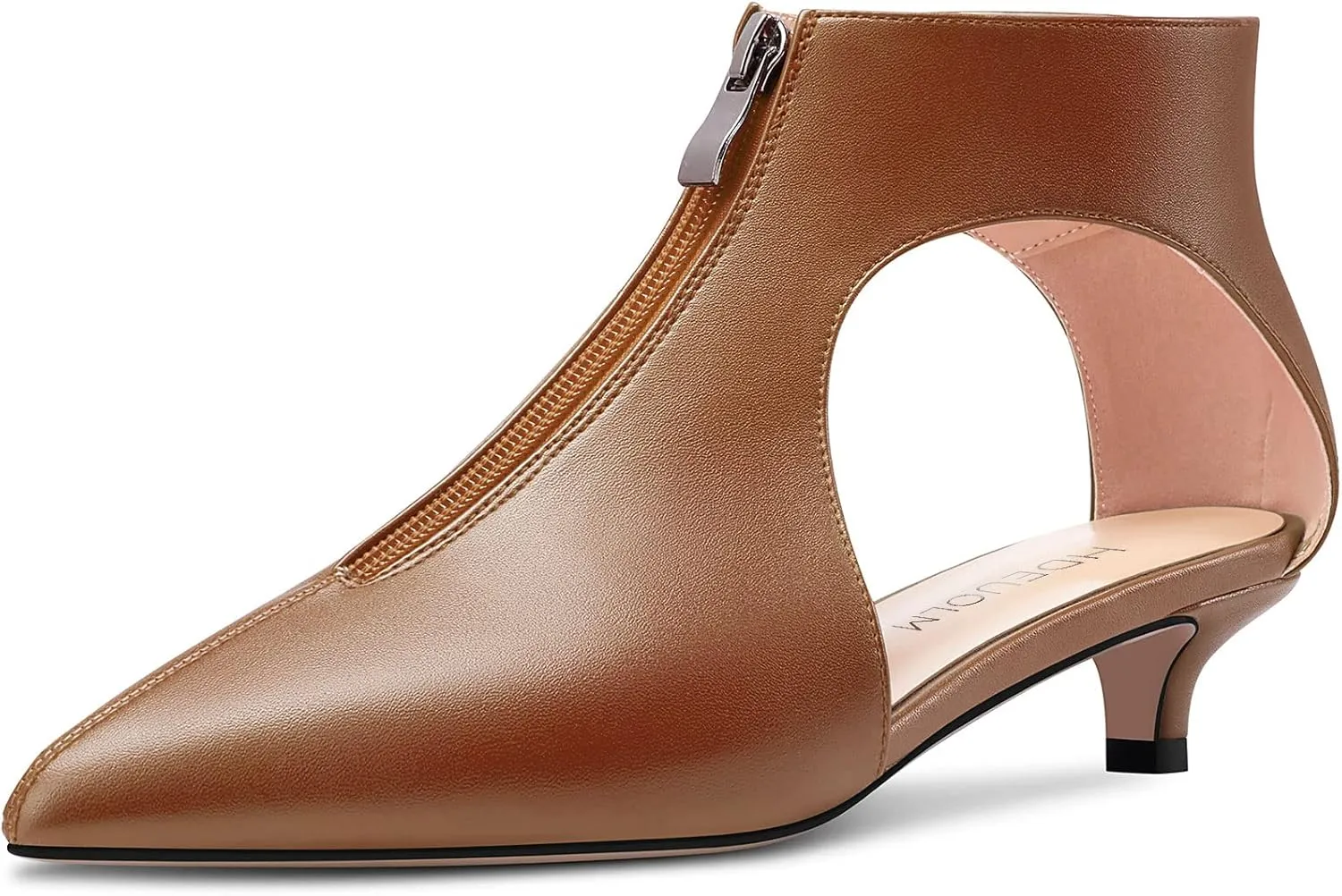 HDEUOLM Womens Low Kitten Heel Pointed Toe Pumps Slip-on Zipper Casual Cute 1.4 Inches Heels