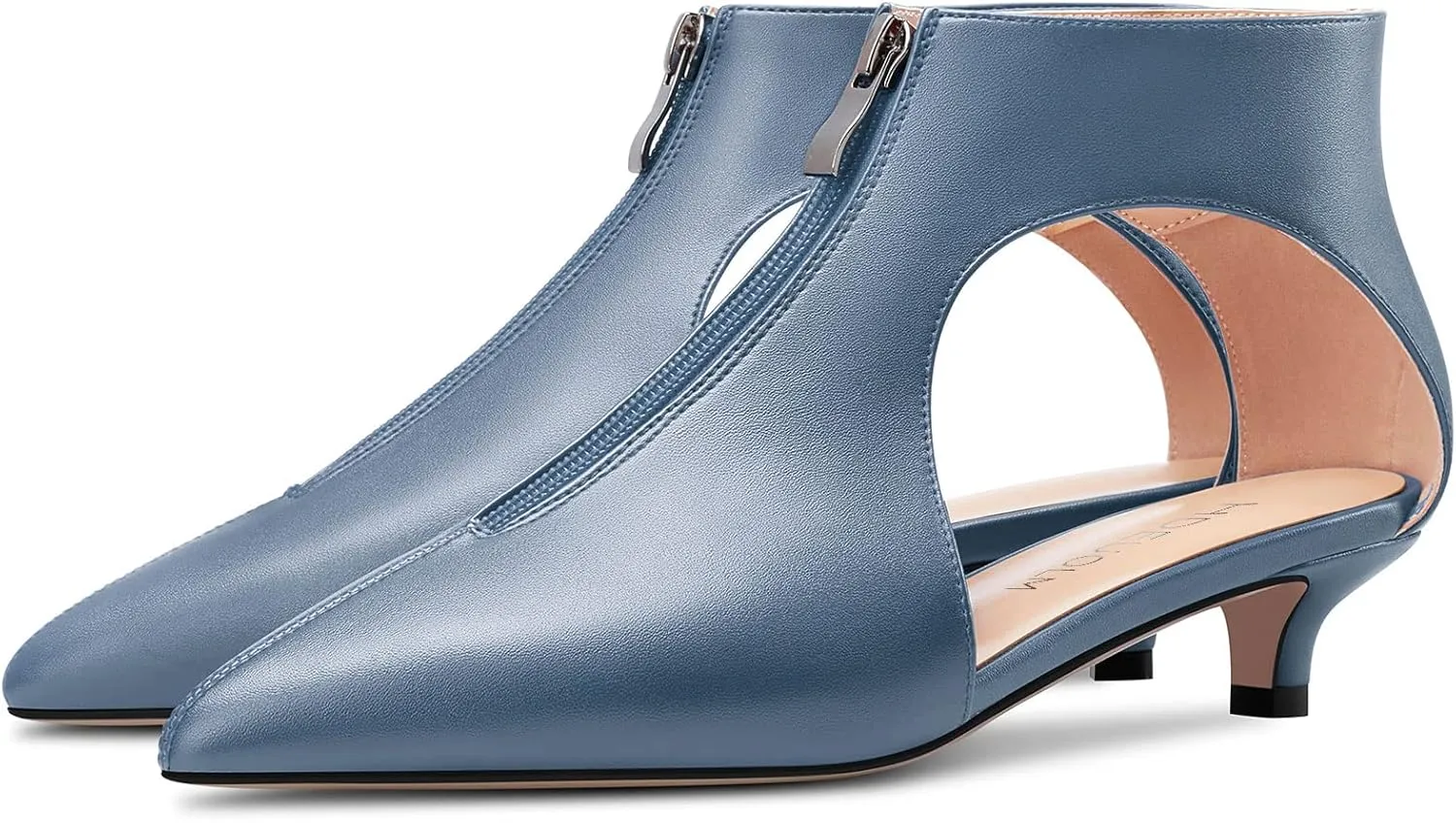 HDEUOLM Womens Low Kitten Heel Pointed Toe Pumps Slip-on Zipper Casual Cute 1.4 Inches Heels
