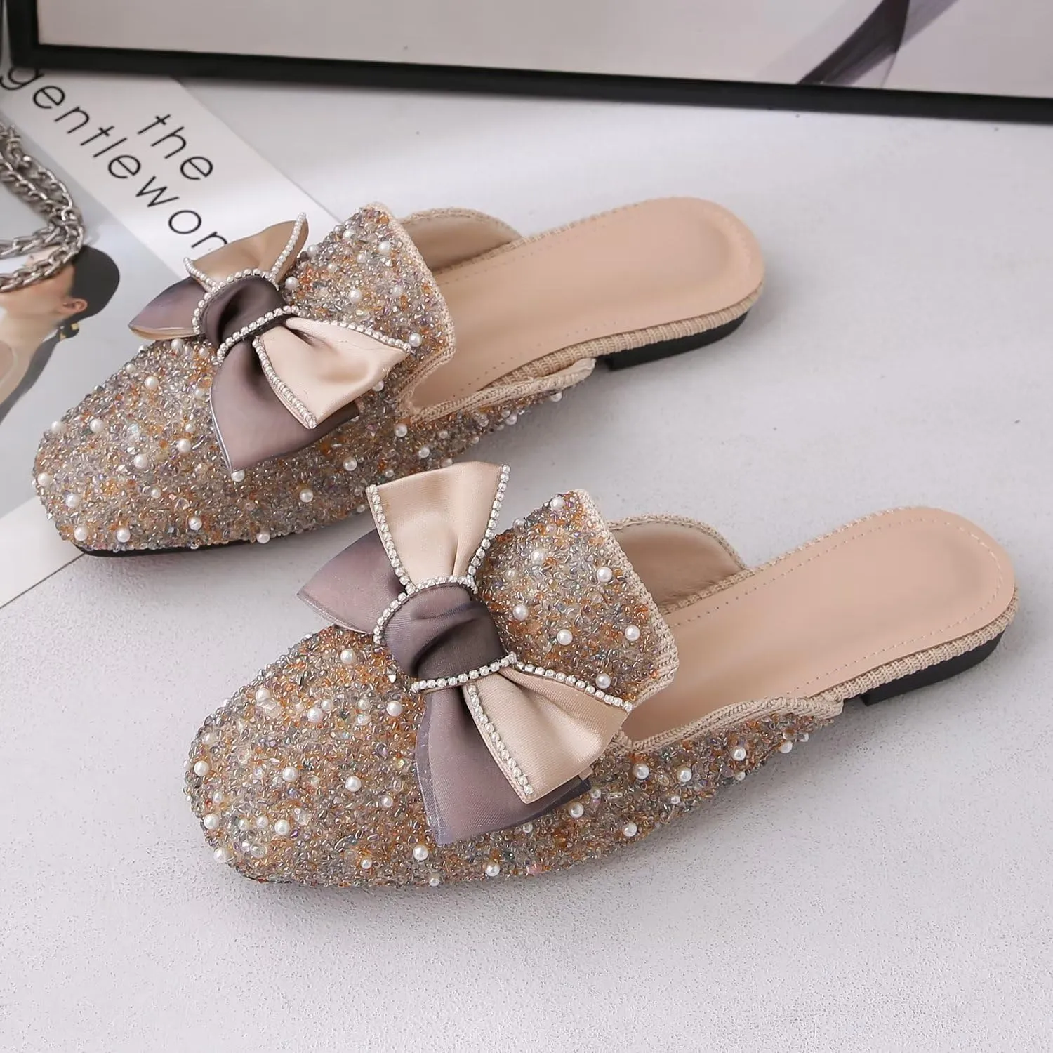 Hee grand Women Mules Bow-Knot Closed Square Toe Mules Fashion Rhinestones Flat Slippers Slip On Loafers Casual Flat Shoes