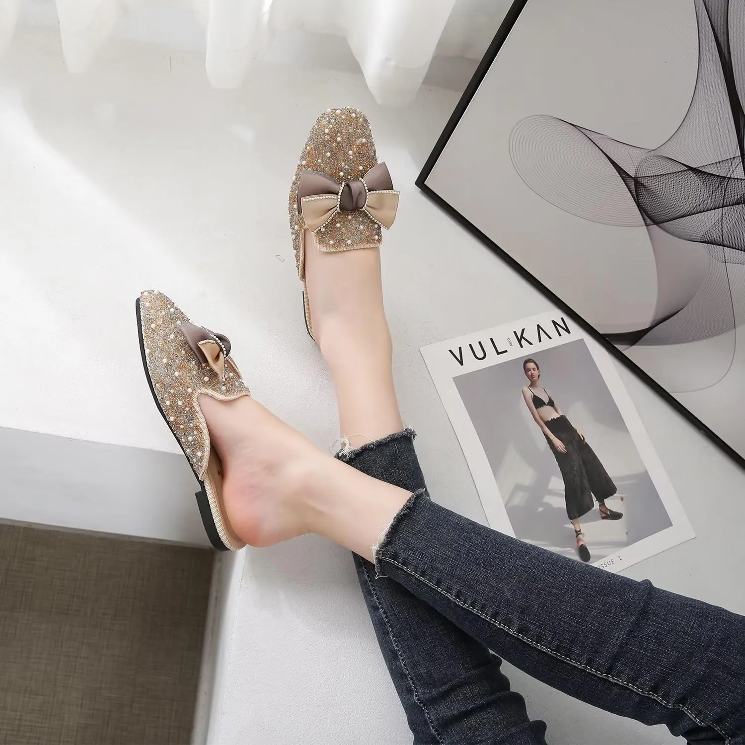 Hee grand Women Mules Bow-Knot Closed Square Toe Mules Fashion Rhinestones Flat Slippers Slip On Loafers Casual Flat Shoes