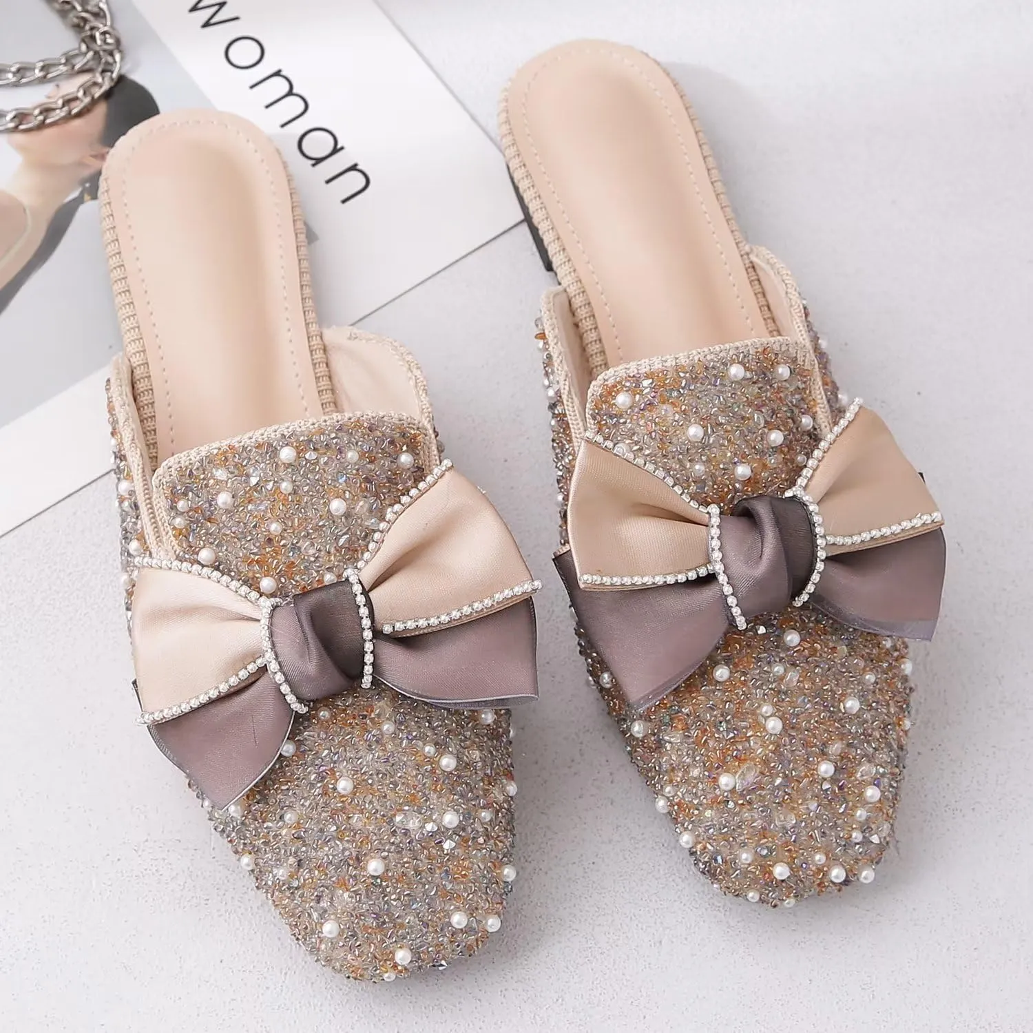 Hee grand Women Mules Bow-Knot Closed Square Toe Mules Fashion Rhinestones Flat Slippers Slip On Loafers Casual Flat Shoes