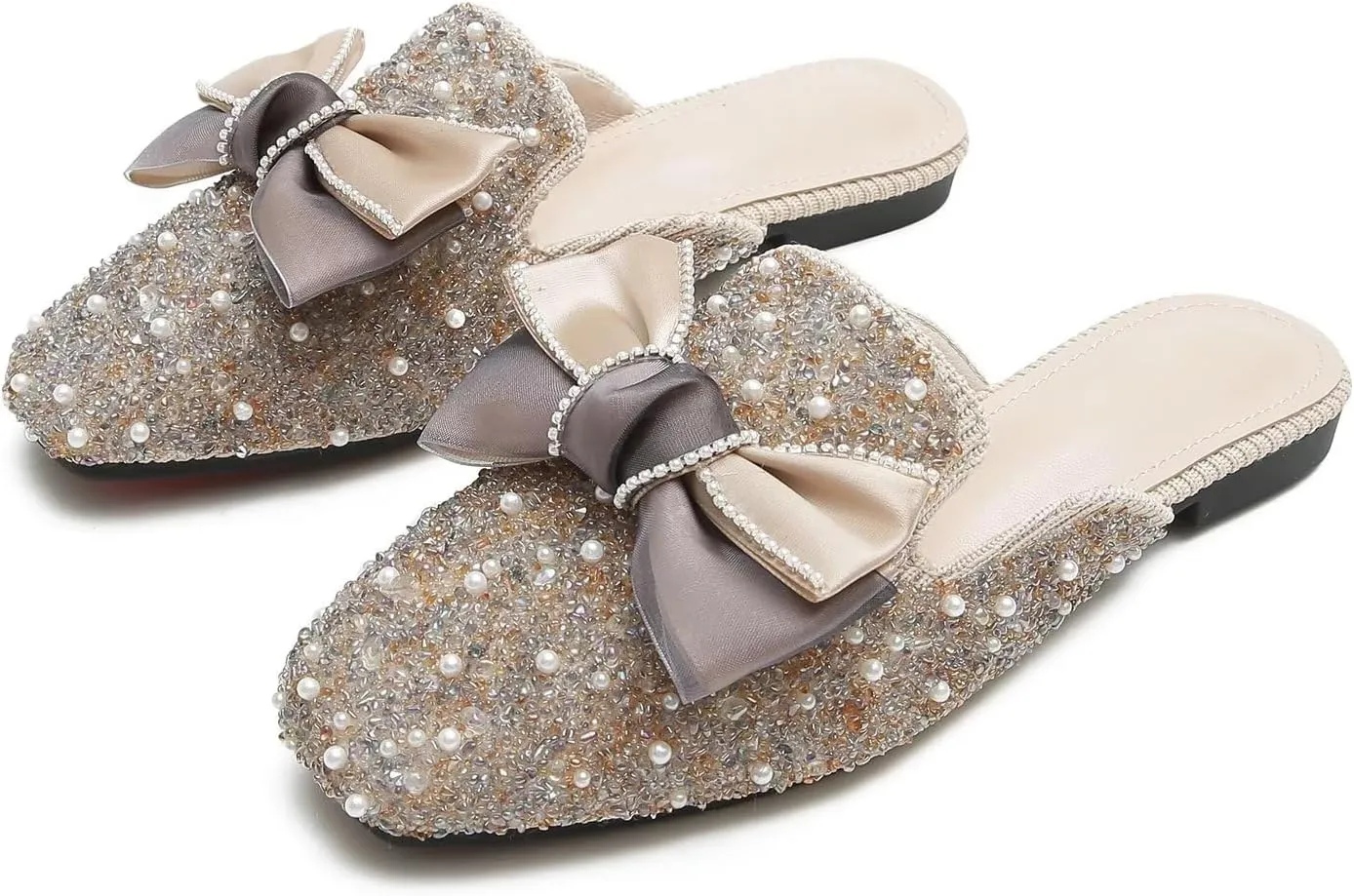 Hee grand Women Mules Bow-Knot Closed Square Toe Mules Fashion Rhinestones Flat Slippers Slip On Loafers Casual Flat Shoes