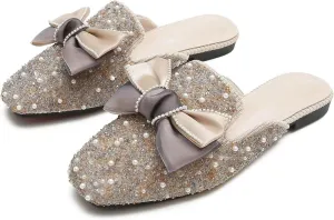 Hee grand Women Mules Bow-Knot Closed Square Toe Mules Fashion Rhinestones Flat Slippers Slip On Loafers Casual Flat Shoes