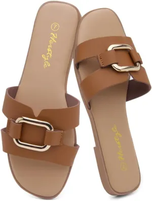 Herstyle Women's Flat Sandals 2025 – Trendy Square Open Toe Slides with Metal Chain, Memory Foam Cushioned Footbed, Slip-On Fashion Slippers for Summer