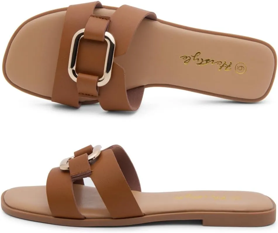 Herstyle Women's Flat Sandals 2025 – Trendy Square Open Toe Slides with Metal Chain, Memory Foam Cushioned Footbed, Slip-On Fashion Slippers for Summer