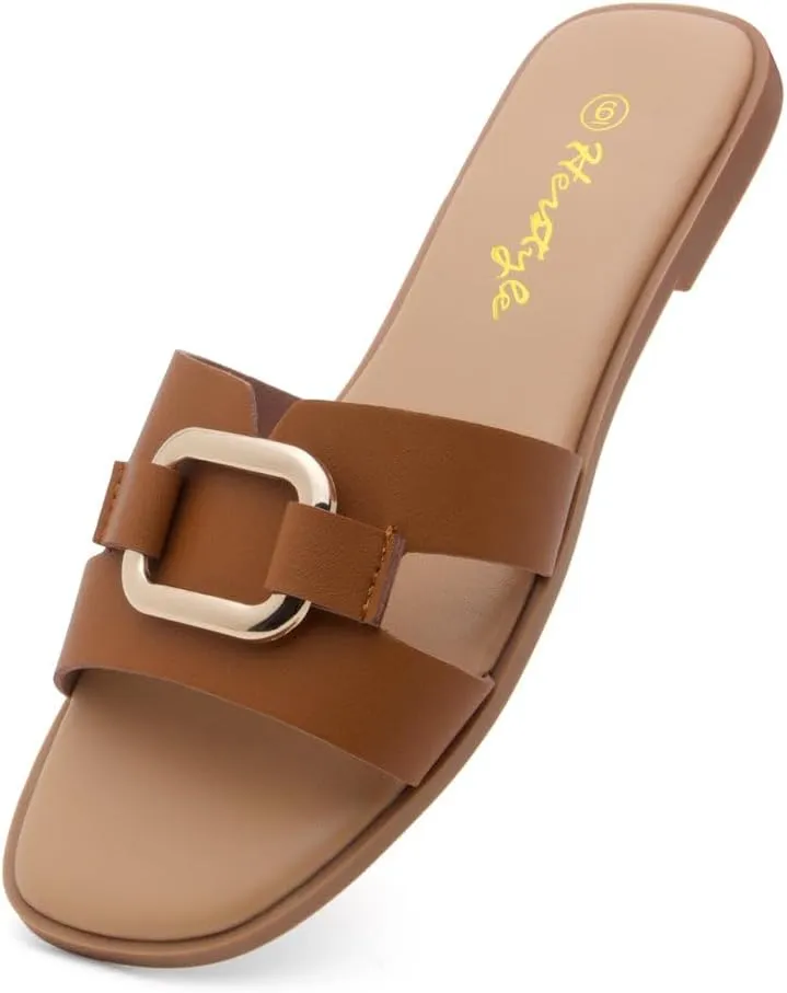 Herstyle Women's Flat Sandals 2025 – Trendy Square Open Toe Slides with Metal Chain, Memory Foam Cushioned Footbed, Slip-On Fashion Slippers for Summer
