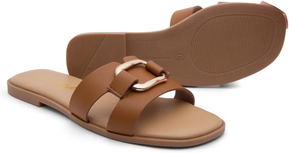 Herstyle Women's Flat Sandals 2025 – Trendy Square Open Toe Slides with Metal Chain, Memory Foam Cushioned Footbed, Slip-On Fashion Slippers for Summer