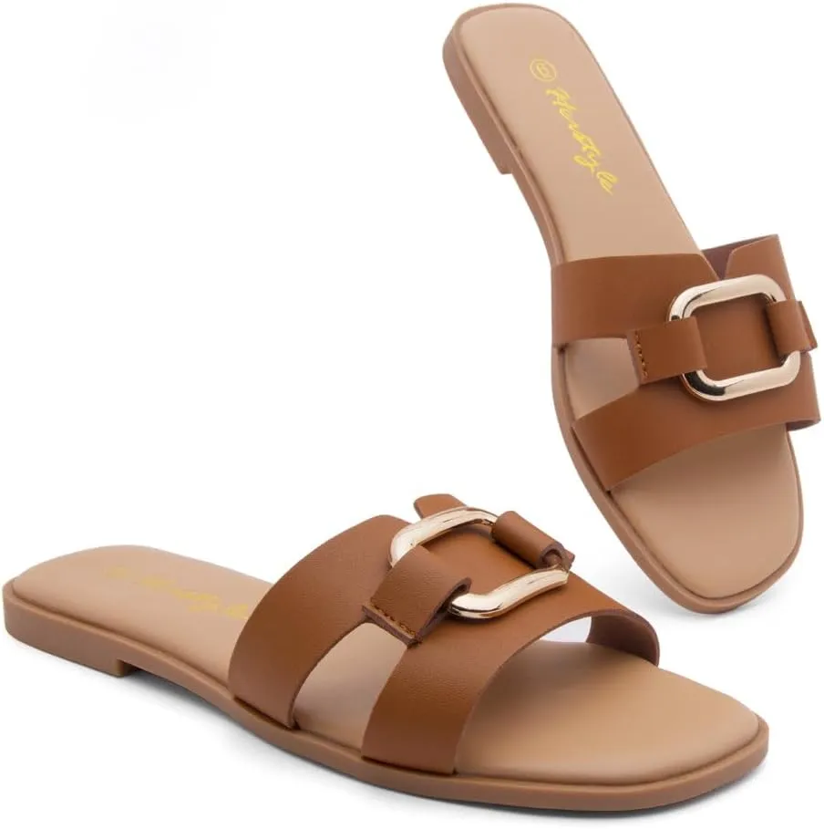 Herstyle Women's Flat Sandals 2025 – Trendy Square Open Toe Slides with Metal Chain, Memory Foam Cushioned Footbed, Slip-On Fashion Slippers for Summer