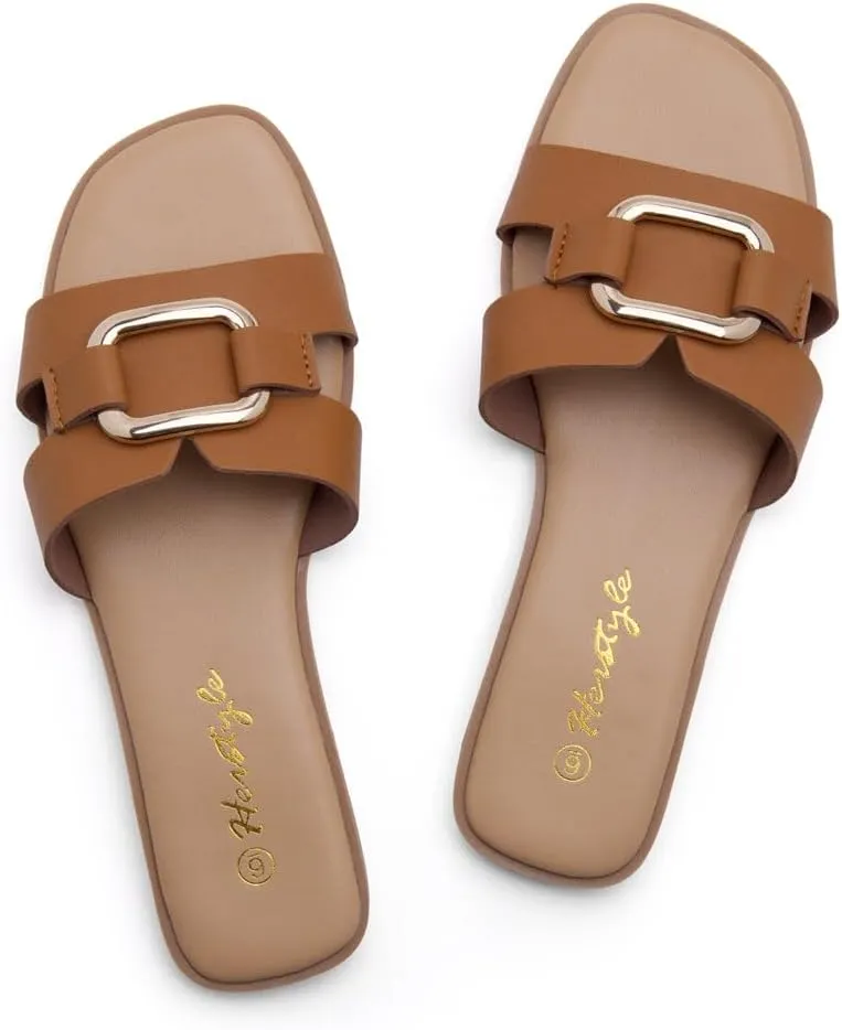 Herstyle Women's Flat Sandals 2025 – Trendy Square Open Toe Slides with Metal Chain, Memory Foam Cushioned Footbed, Slip-On Fashion Slippers for Summer