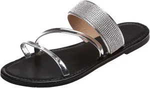 HHmei Silver Crystal Crossband Party Shoes Summer Outdoor Slide On Sandals Flat Slipper
