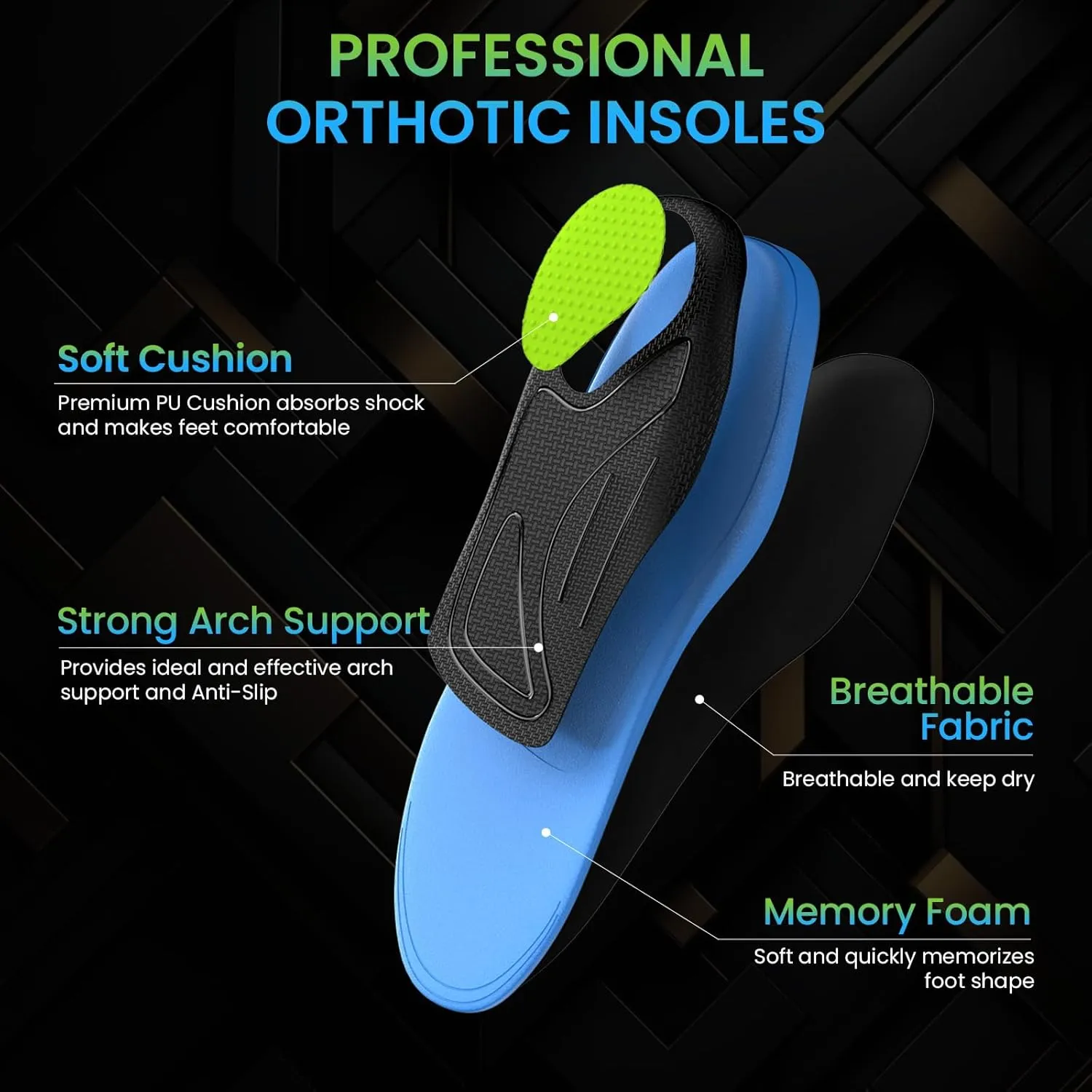 High Arch Support Orthotics Insoles - Welnove Plantar Fasciitis Pain Relief Shoe Inserts for Flat Feet, Foot Pain, Heel Spurs - Fatigue Reduce All-Day Standing Work Boot Insoles Men & Women (L)