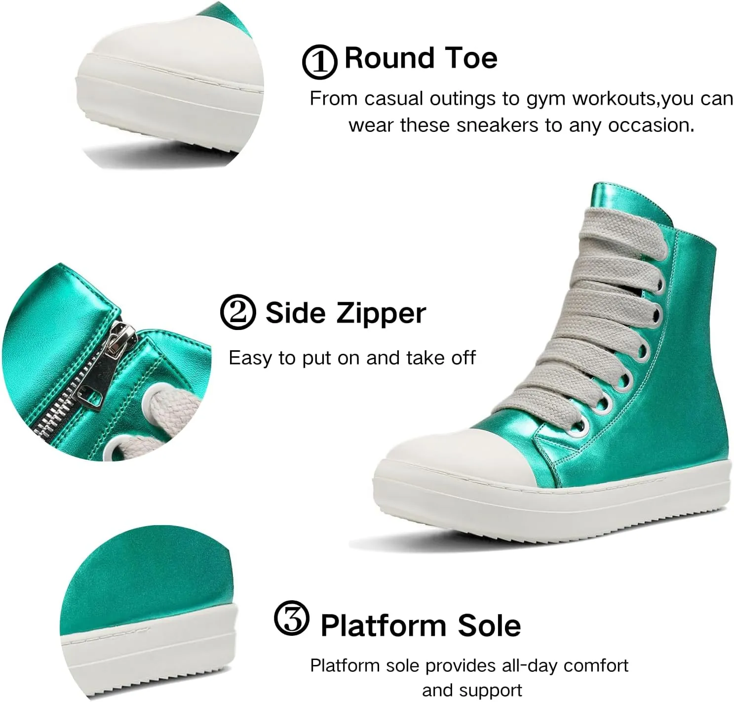 IMPREMEY Women's High Top Sneakers Lace Up PU Leather Shoes with Thick Soles and Zipper, Fashionable Walking Shoes