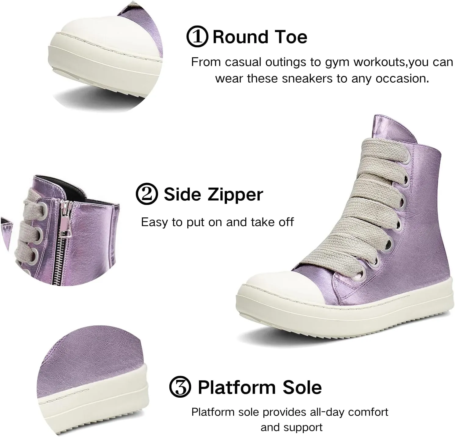 IMPREMEY Women's High Top Sneakers Lace Up PU Leather Shoes with Thick Soles and Zipper, Fashionable Walking Shoes