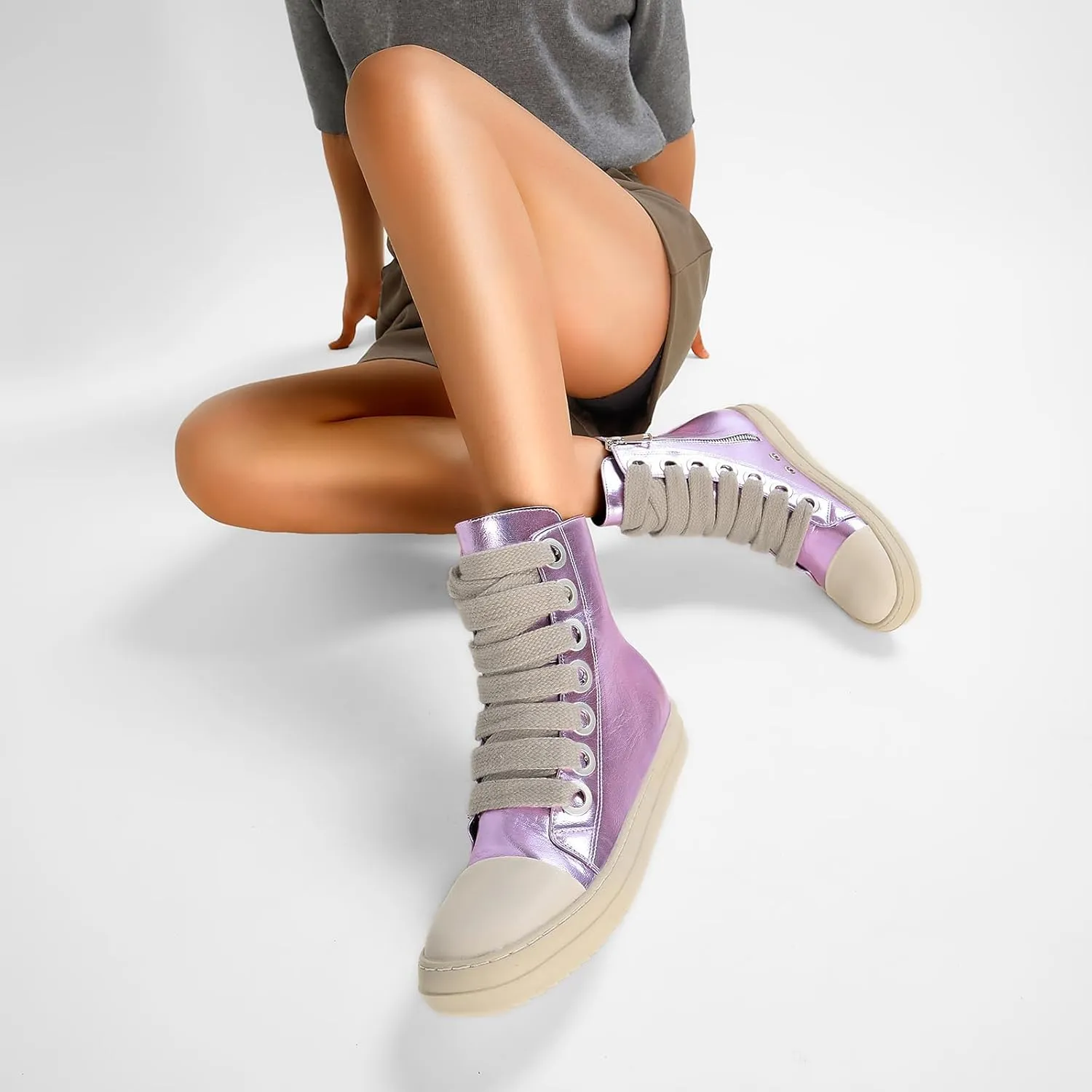 IMPREMEY Women's High Top Sneakers Lace Up PU Leather Shoes with Thick Soles and Zipper, Fashionable Walking Shoes