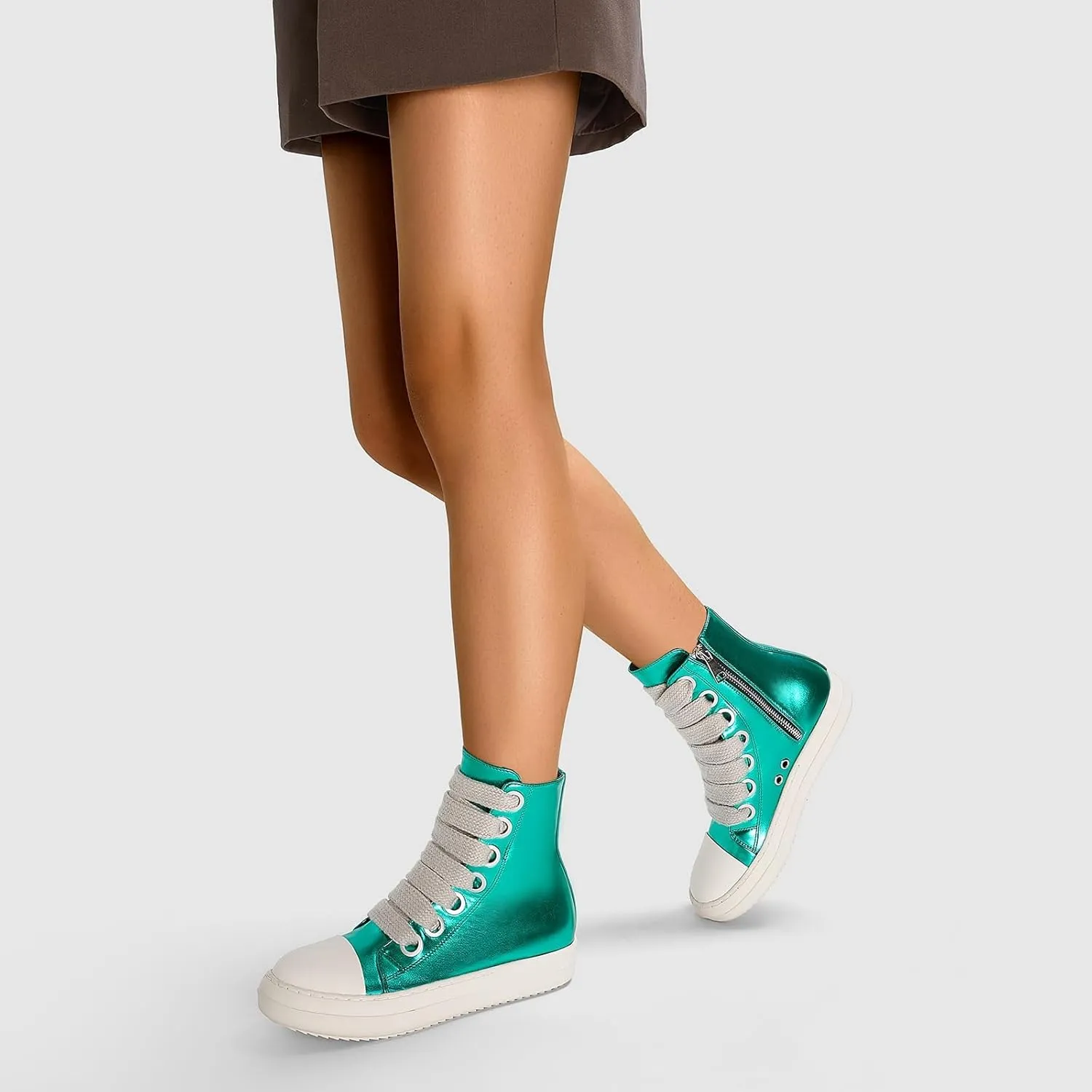 IMPREMEY Women's High Top Sneakers Lace Up PU Leather Shoes with Thick Soles and Zipper, Fashionable Walking Shoes