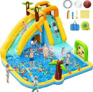 Inflatable Water Slide Bounce House with 450 W Blower, Blow up 10-in-1 Waterslide Park Bouncy Castle for Kids 3-10 Outdoor and Indoor, Bouncer House with Splash Pool, Sprinklers and Long Slide