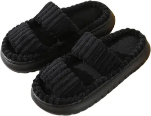 JadeRich Women's Double Band Corduroy Slippers Open Toe Cozy Cushioned Thick Sole Slide Sandals Indoor Outdoor