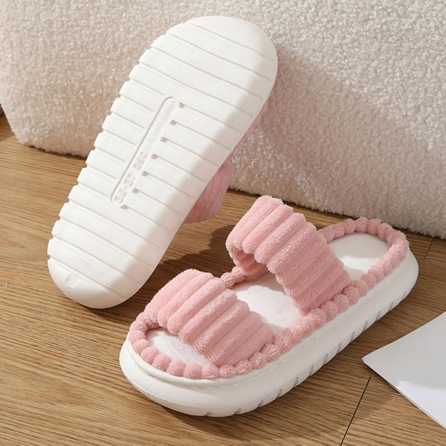 JadeRich Women's Double Band Corduroy Slippers Open Toe Cozy Cushioned Thick Sole Slide Sandals Indoor Outdoor