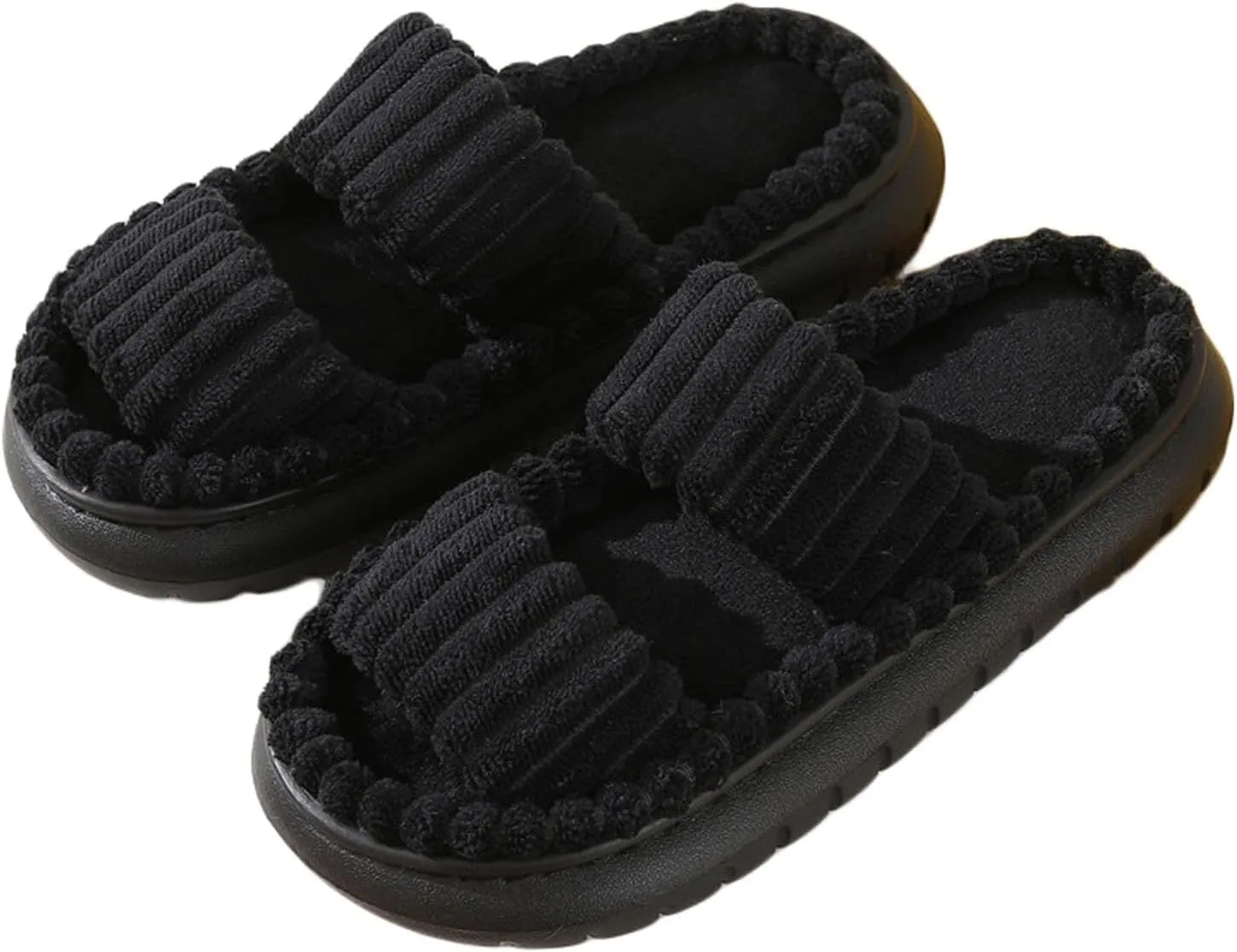 JadeRich Women's Double Band Corduroy Slippers Open Toe Cozy Cushioned Thick Sole Slide Sandals Indoor Outdoor
