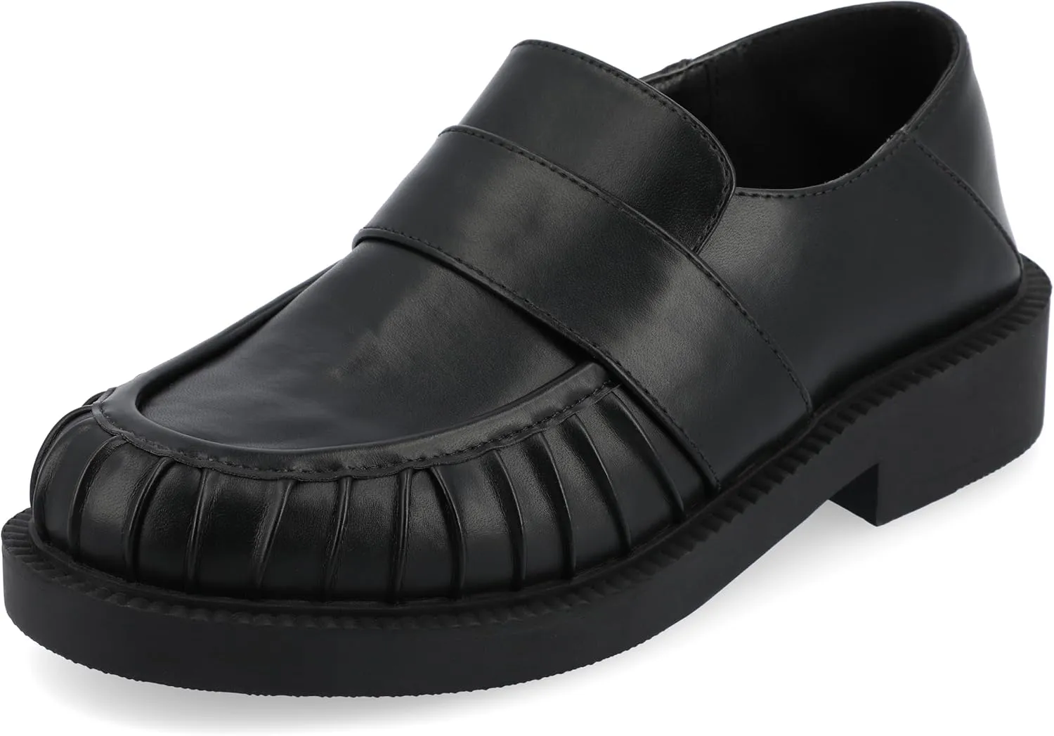 Journee Womens Ruched Lakenn Comfort Foam Slip On Closed Round Toe Crash Back Block Heel Loafer Flats Black, 6.5