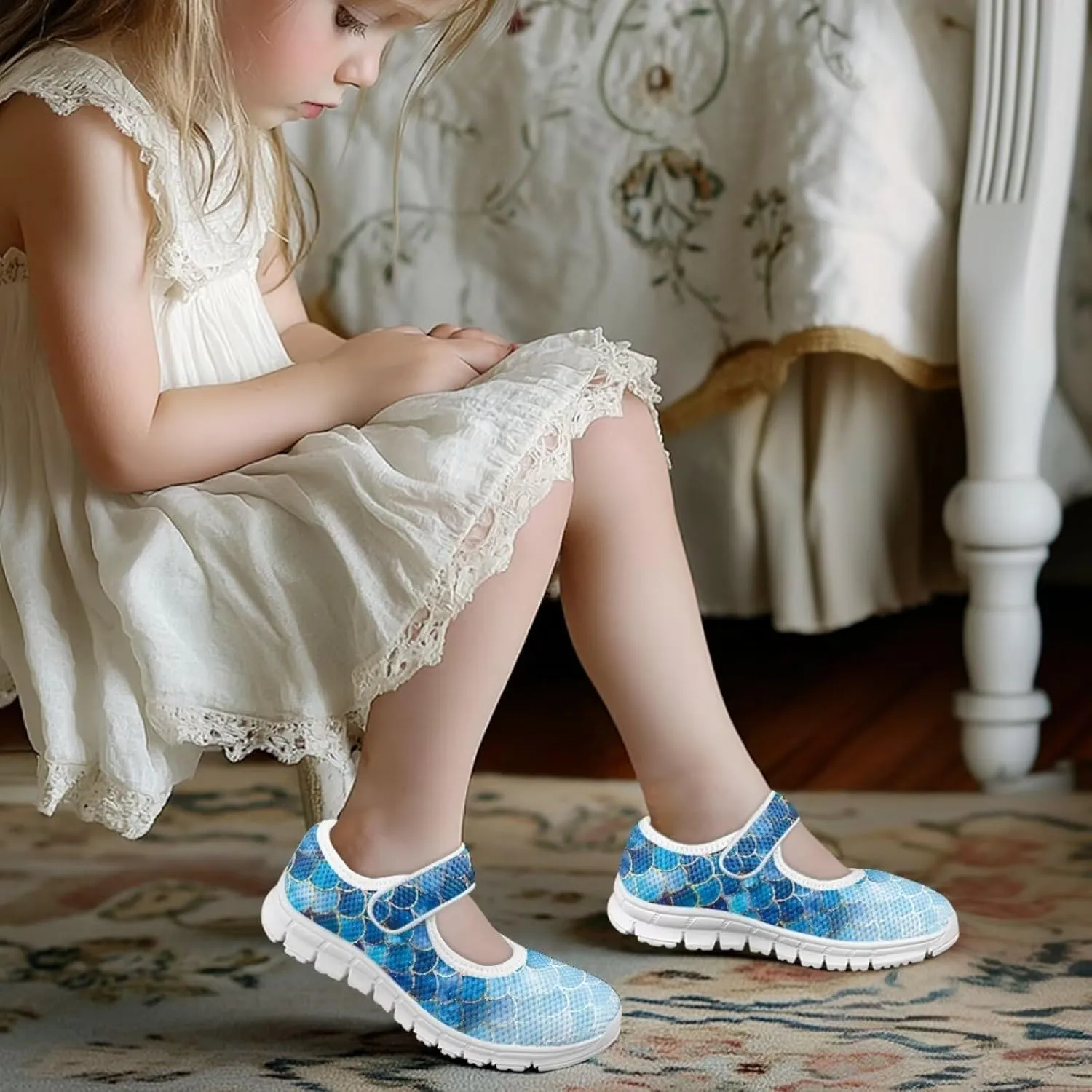 JoyLamoria Purple Mermaid Scales Print Toddler Little Flat Dress Shoes,Mary Jane Shoes Princess Birthday School Shoes for Girls Size 11-2.5