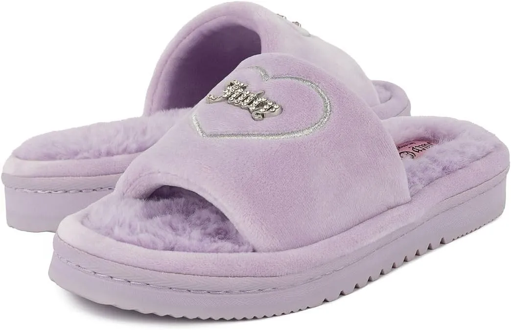 Juicy Couture Women's Faux Fur Slide Sandal Slippers, Open Toe, Comfortable Indoor Outdoor House Shoes