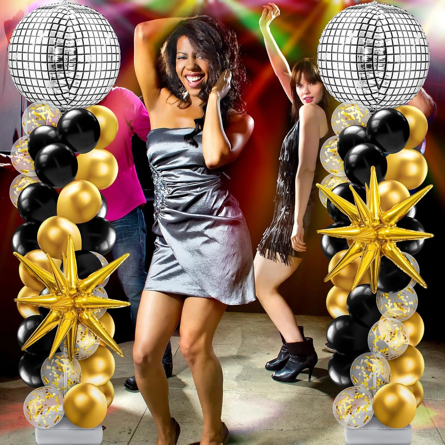 Kasyat 2 Sets Black and Gold Balloon Disco Column Stand Kit with 4d Disco Ball and Explosion Star Foil Balloon Arch Garland for 80s Party, Anniversary Birthday Party Retro Dance Decorations
