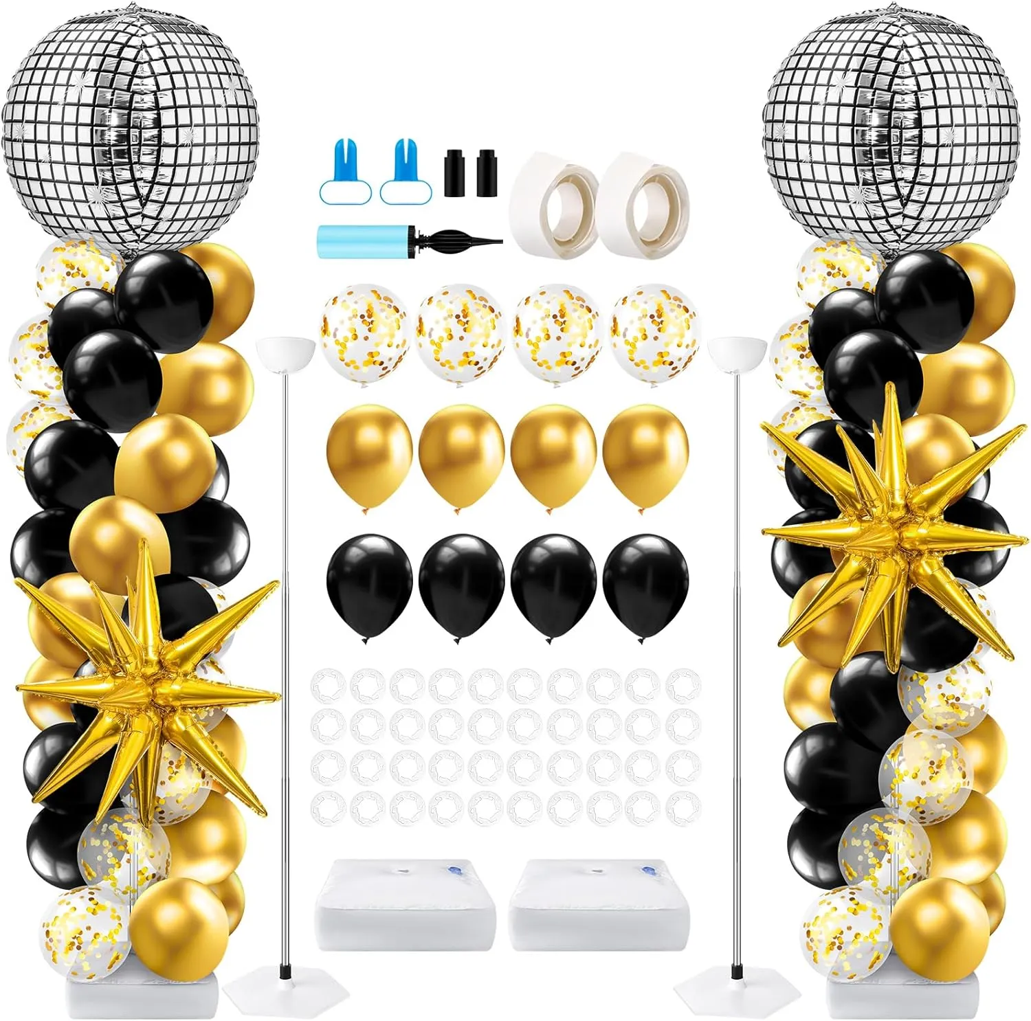 Kasyat 2 Sets Black and Gold Balloon Disco Column Stand Kit with 4d Disco Ball and Explosion Star Foil Balloon Arch Garland for 80s Party, Anniversary Birthday Party Retro Dance Decorations