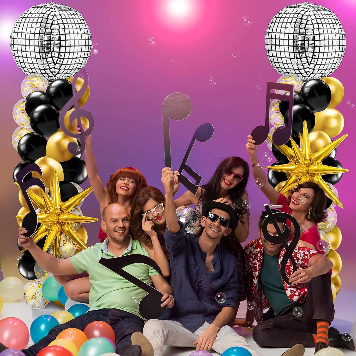 Kasyat 2 Sets Black and Gold Balloon Disco Column Stand Kit with 4d Disco Ball and Explosion Star Foil Balloon Arch Garland for 80s Party, Anniversary Birthday Party Retro Dance Decorations