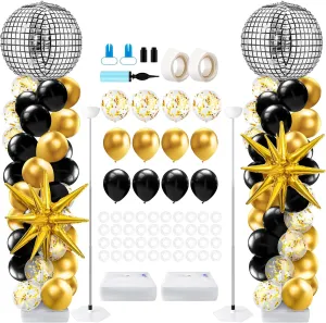 Kasyat 2 Sets Black and Gold Balloon Disco Column Stand Kit with 4d Disco Ball and Explosion Star Foil Balloon Arch Garland for 80s Party, Anniversary Birthday Party Retro Dance Decorations