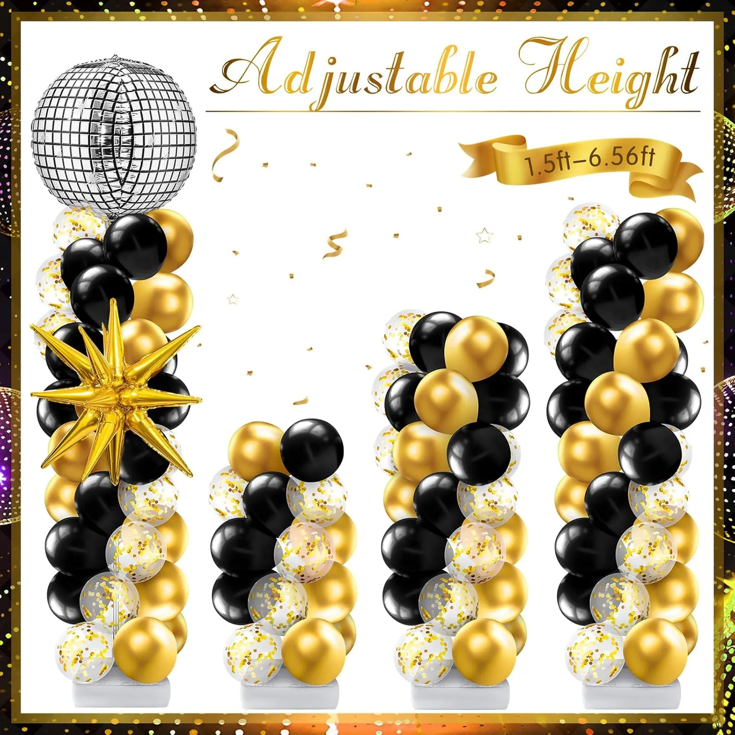 Kasyat 2 Sets Black and Gold Balloon Disco Column Stand Kit with 4d Disco Ball and Explosion Star Foil Balloon Arch Garland for 80s Party, Anniversary Birthday Party Retro Dance Decorations