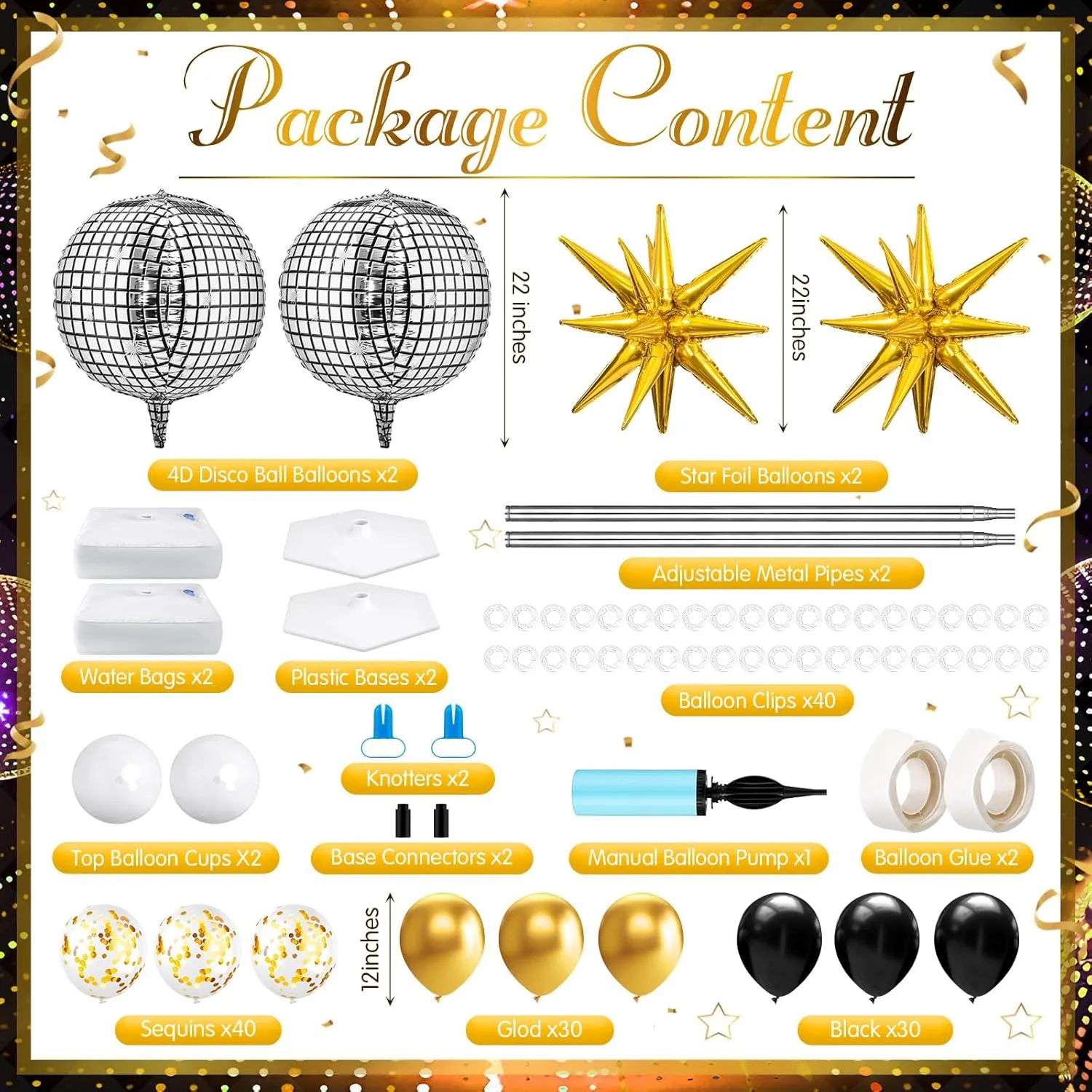Kasyat 2 Sets Black and Gold Balloon Disco Column Stand Kit with 4d Disco Ball and Explosion Star Foil Balloon Arch Garland for 80s Party, Anniversary Birthday Party Retro Dance Decorations