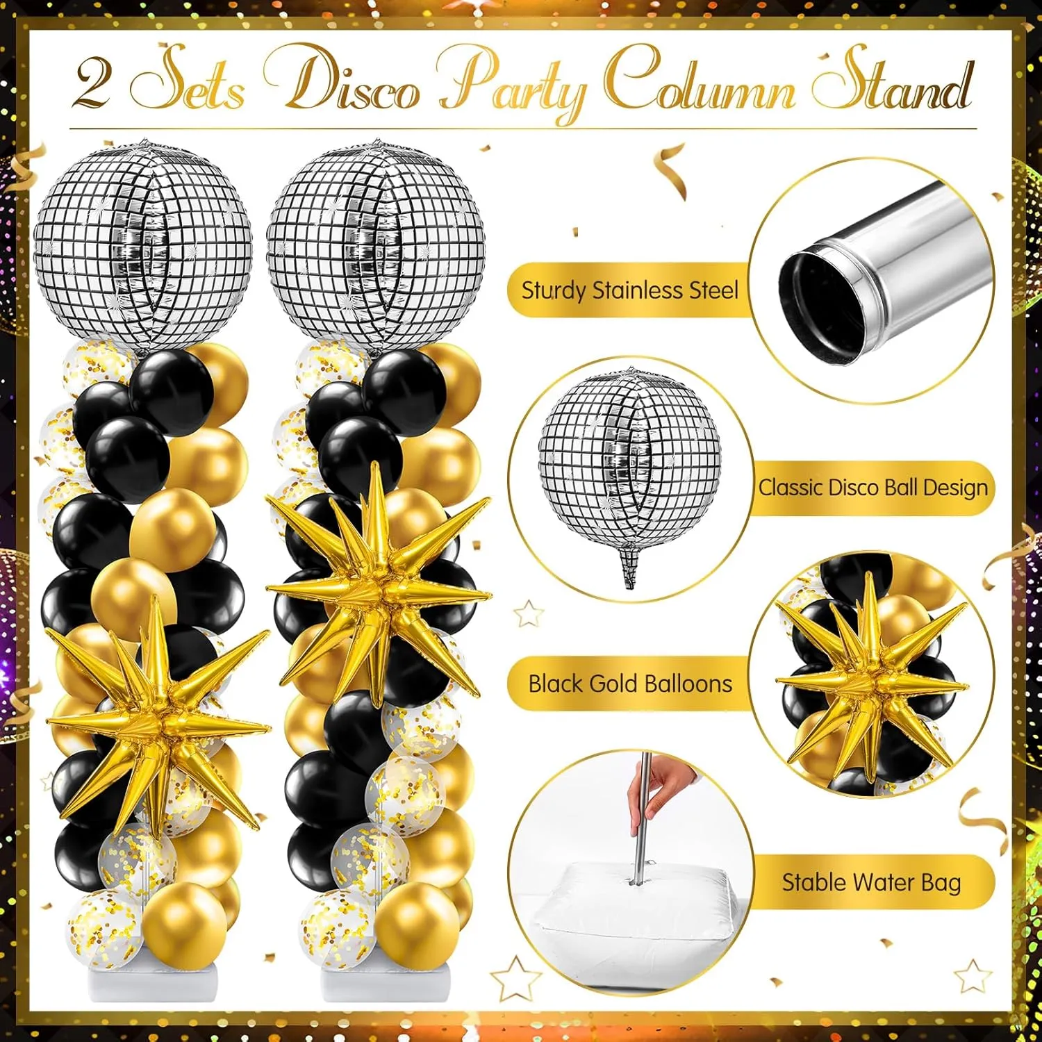 Kasyat 2 Sets Black and Gold Balloon Disco Column Stand Kit with 4d Disco Ball and Explosion Star Foil Balloon Arch Garland for 80s Party, Anniversary Birthday Party Retro Dance Decorations