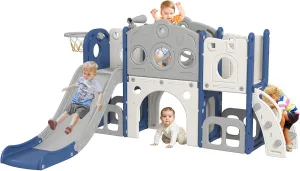 Kinfant 8 in 1 Toddler Slide for Toddlers for Toddlers Age 1-3, Toddler Outdoor Playground, Kids Slide with Basketball Hoop, Telescope and Storage, Baby Indoor Outdoor Climber Playset(White & Blue)