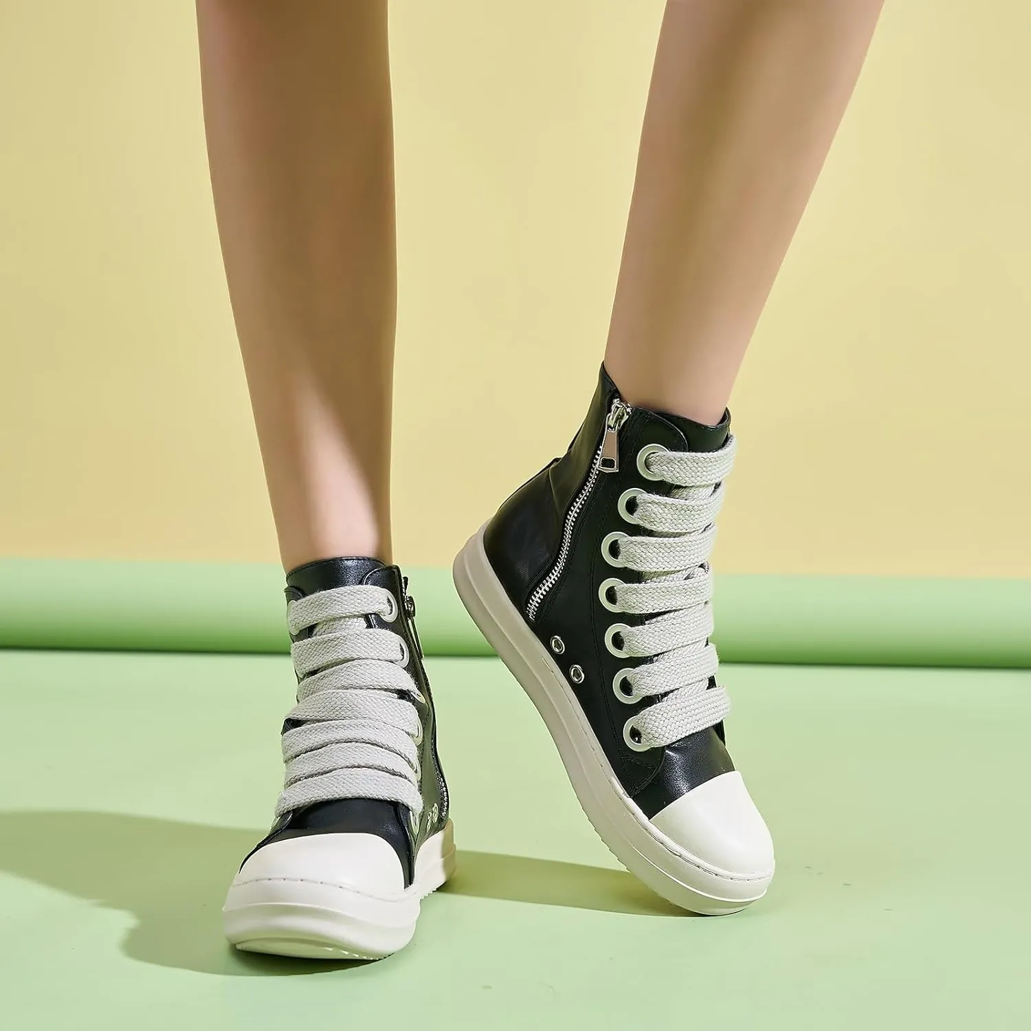 Kluolandi Fashion High Top Sneakers for Women Wide Lace Up Black White Platform Sneaker Shoes with Zipper