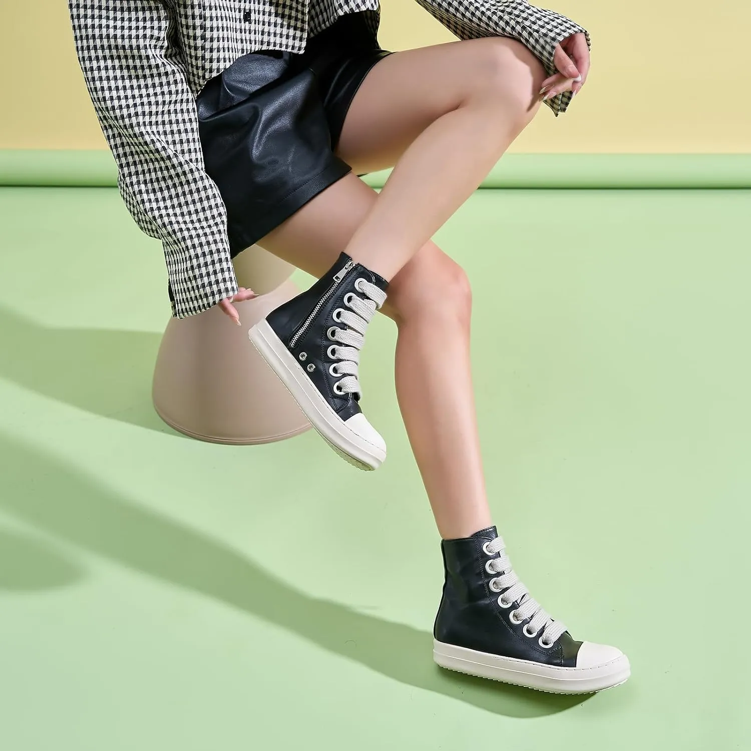 Kluolandi Fashion High Top Sneakers for Women Wide Lace Up Black White Platform Sneaker Shoes with Zipper