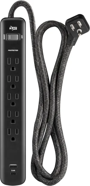 KMC 5-Outlet Surge Protector Power Strip, 1 USB-A & 1 USB-C Port, 840J Surge Protectors, 6ft Braided Extension Cord, Flat Plug, Black Power Strip Surge Protector, ETL/UL Certified Power Strips, Black