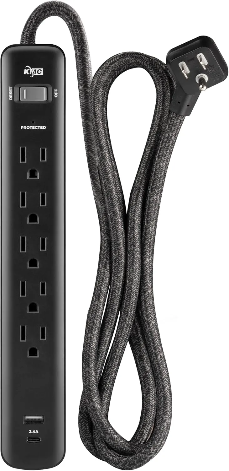 KMC 5-Outlet Surge Protector Power Strip, 1 USB-A & 1 USB-C Port, 840J Surge Protectors, 6ft Braided Extension Cord, Flat Plug, Black Power Strip Surge Protector, ETL/UL Certified Power Strips, Black