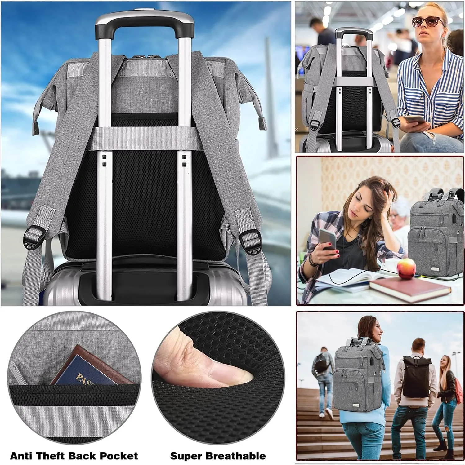 Knitting Bag Backpack Yarn Storage Organizer Travel Bag with USB Charging Port, Large Tote Bag Holder Case for Knitting Needles, Crochet Hooks, Accessories, Grey
