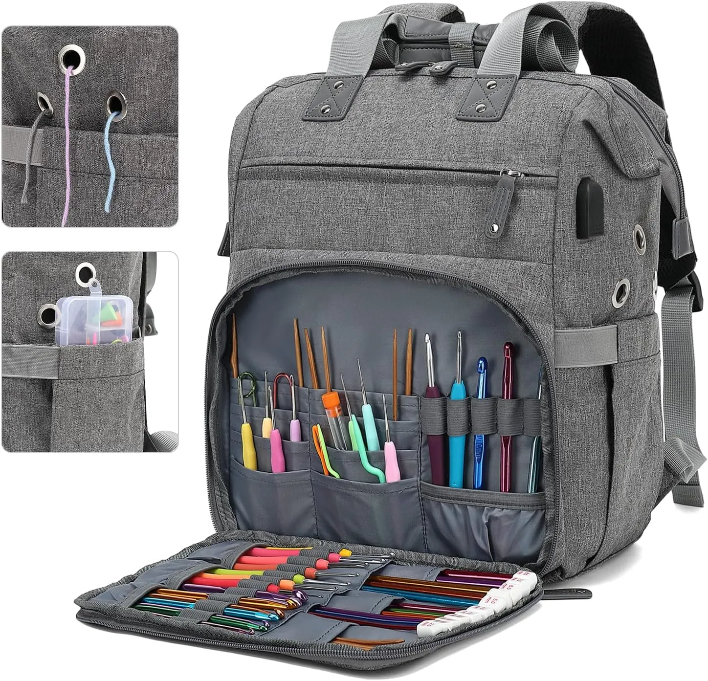 Knitting Bag Backpack Yarn Storage Organizer Travel Bag with USB Charging Port, Large Tote Bag Holder Case for Knitting Needles, Crochet Hooks, Accessories, Grey