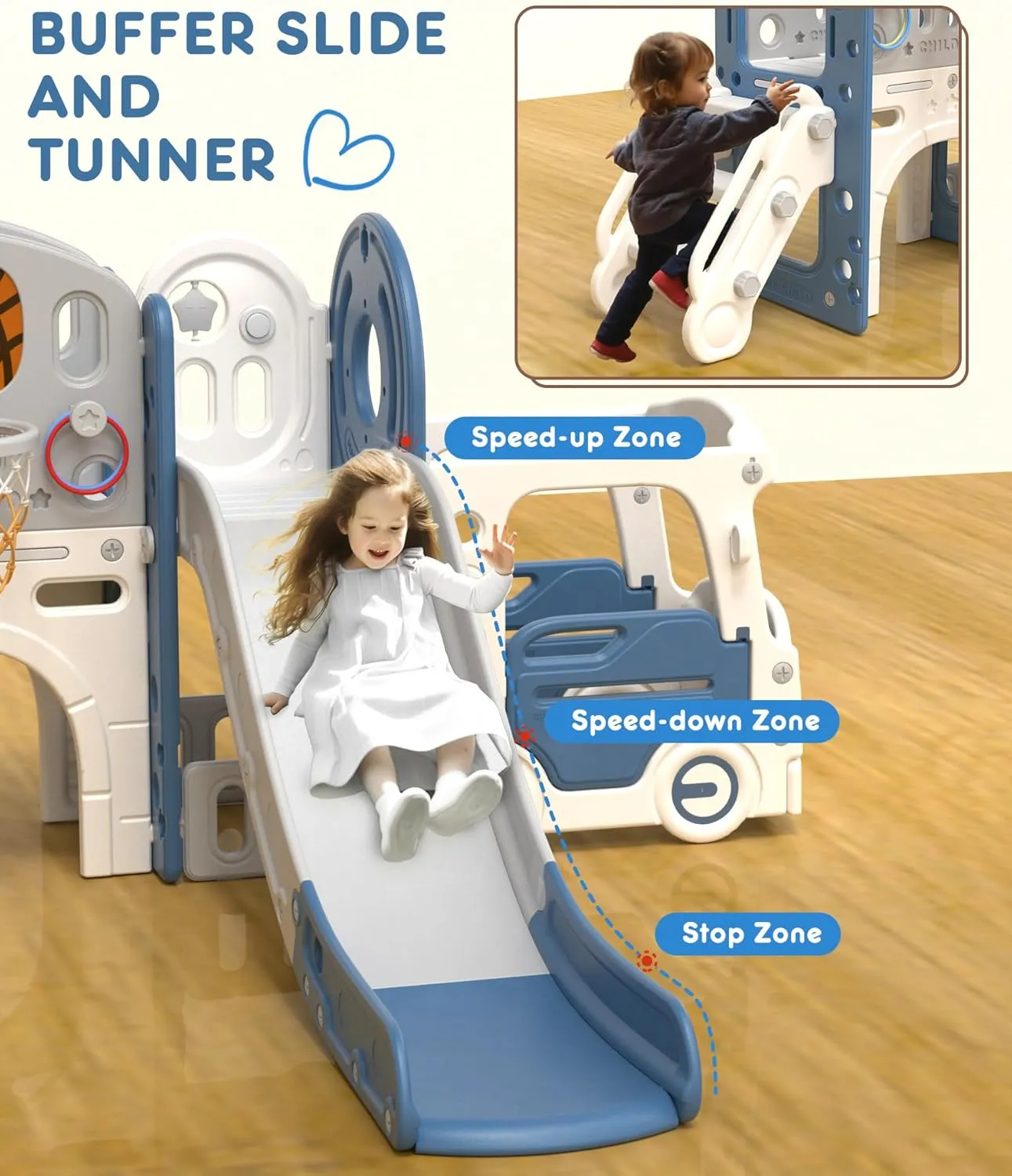 Korimefa 10 in 1 Toddler Slide Set, Baby Slide for Toddlers Age 1-3 with Ring Toss, Basketball Hoop and Bus Play House, Indoor Outdoor Playset Toddler Playground, Blue