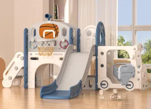 Korimefa 10 in 1 Toddler Slide Set, Baby Slide for Toddlers Age 1-3 with Ring Toss, Basketball Hoop and Bus Play House, Indoor Outdoor Playset Toddler Playground, Blue