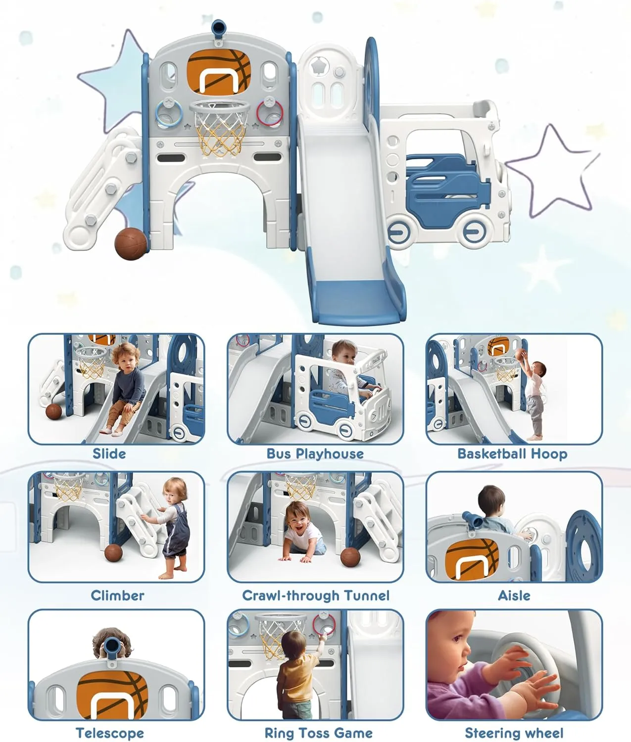 Korimefa 10 in 1 Toddler Slide Set, Baby Slide for Toddlers Age 1-3 with Ring Toss, Basketball Hoop and Bus Play House, Indoor Outdoor Playset Toddler Playground, Blue