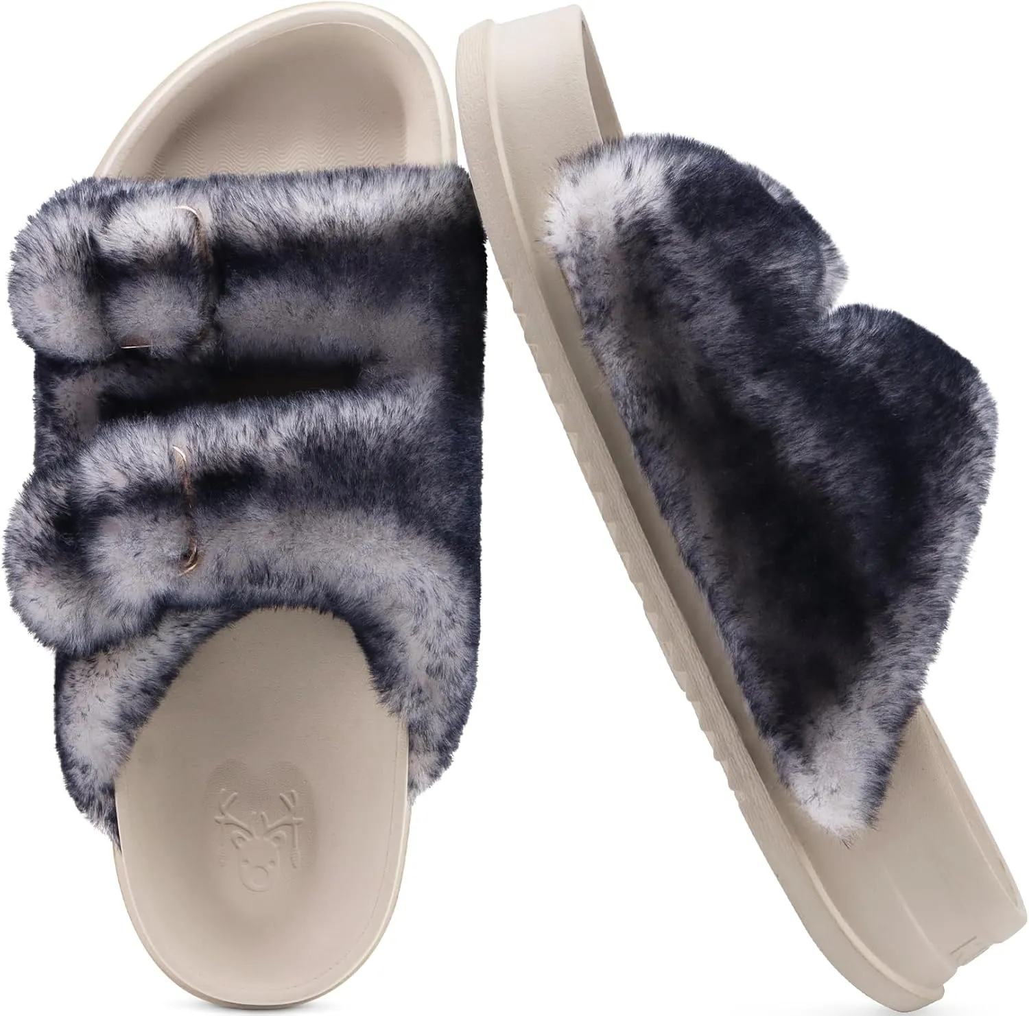 KuaiLu Women's Fluff Slippers Plantar Fasciitis Arch Support Platform Slippers Ladies Fashion Open Toe Faux Fur Sliders Womens House Slipper Size 6-12