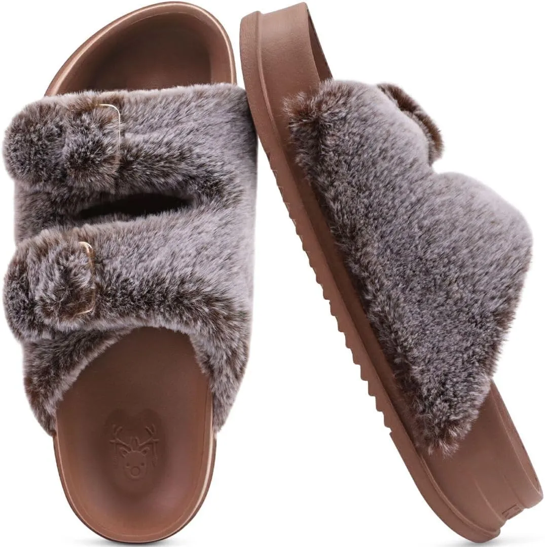KuaiLu Women's Fluff Slippers Plantar Fasciitis Arch Support Platform Slippers Ladies Fashion Open Toe Faux Fur Sliders Womens House Slipper Size 6-12