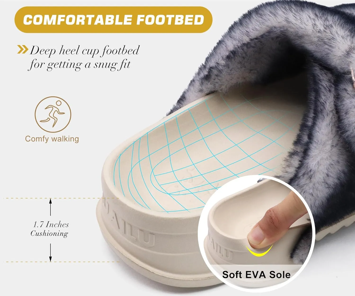 KuaiLu Women's Fluff Slippers Plantar Fasciitis Arch Support Platform Slippers Ladies Fashion Open Toe Faux Fur Sliders Womens House Slipper Size 6-12