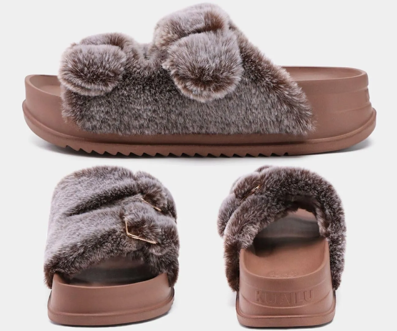 KuaiLu Women's Fluff Slippers Plantar Fasciitis Arch Support Platform Slippers Ladies Fashion Open Toe Faux Fur Sliders Womens House Slipper Size 6-12